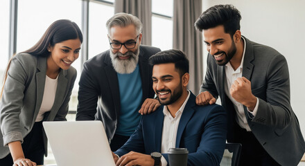 Happy diverse business team celebrates success working on a laptop