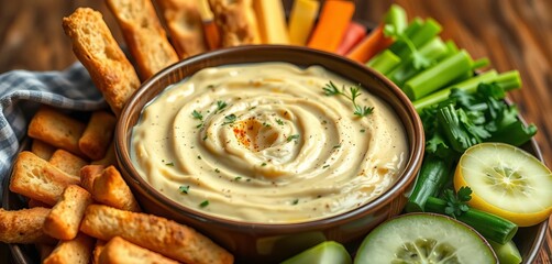 Warm artichoke dip in bowl with breadsticks & crudités,  restaurant,  cheesy