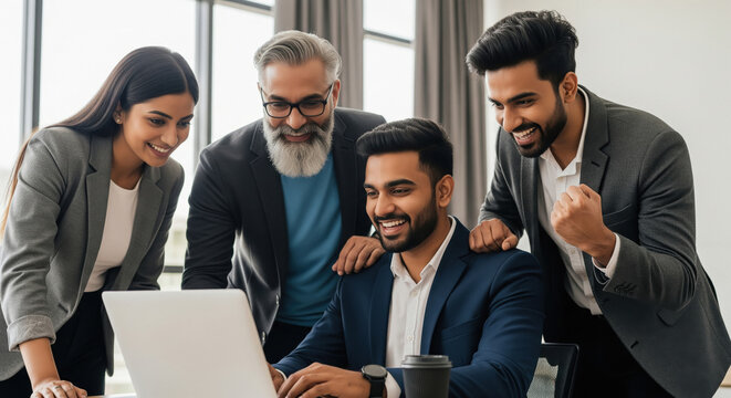 Happy diverse business team celebrates success working on a laptop