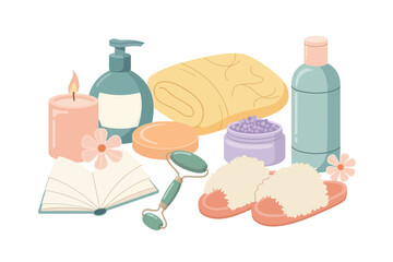 Vector illustration of a collection of spa and selfcare items, including a candle, soap, towel, roller, jar, and slippers, arranged on a