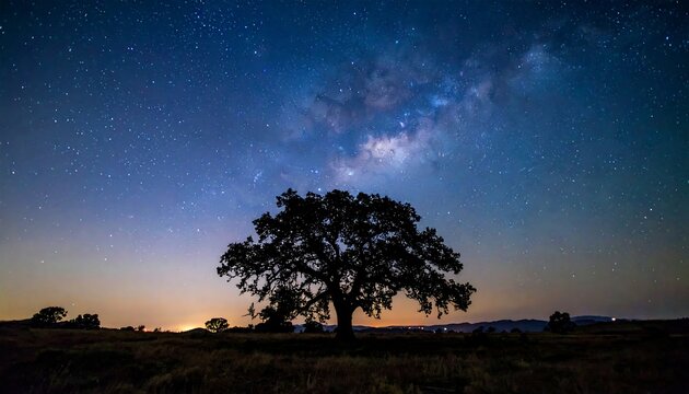 A sprawling tree silhouetted against a breathtaking night sky filled with the Milky Way, evoking a sense of wonder