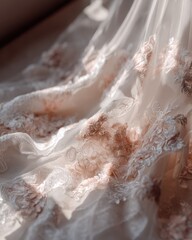 Obraz premium Close-up of embroidered bridal dress fabric with lace textures, elegant detailed and refined for wedding background.