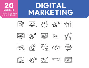 Digital marketing line icons with editable strokes for business and promotion