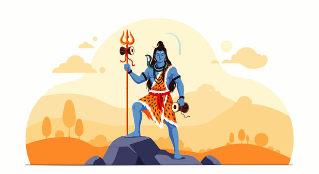 Flat vector illustration of Lord Shiva standing upright on a rock, holding a trident and a damaru (small drum). Perfect for designs themed around spirituality, Indian festivals, or Hindu culture.