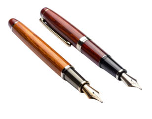 Classic Wooden and Modern Metallic Fountain Pen Duo, Two Variations in One Frame, Isolated on Transparent Background