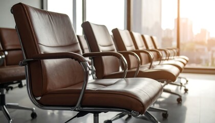 Several brown leather office chairs are lined up in a row near a large window overlooking a blurred cityscape at sunset