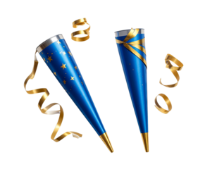 Celebration Confetti Popper Duo, Blue and Gold, Two Styles, Isolated on Transparent Background