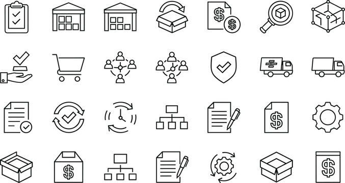 Modern collection of isolated outline symbols representing core operational concepts like inventory tracking, delivery logistics.