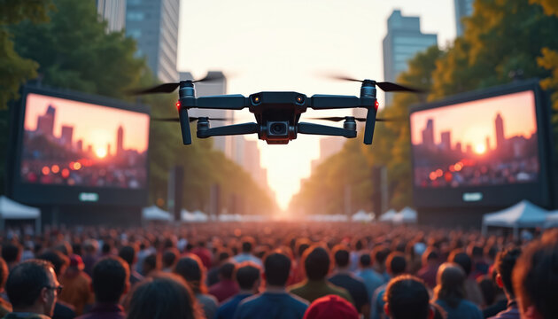 Drone with camera monitors a large crowd at outdoor city festival. Copter provides surveillance over people at a public event. UAV flies for security and filming at sunset.