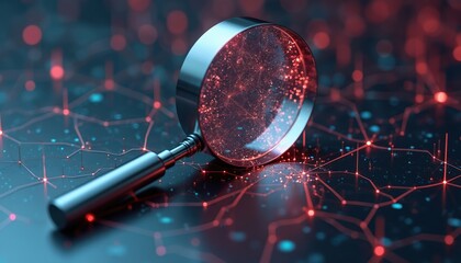 Magnifying glass inspects glowing digital network revealing intricate data connections. Concept shows information discovery cybersecurity investigation, big data analysis. Research metaphor tech
