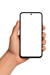  realistic hand holding black framed smartphone with blank white screen isolated on transparent background for mobile technology mockup and app display