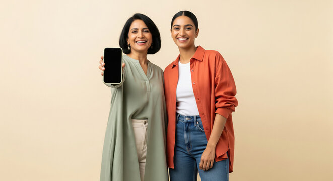 Indian Mother Daughter Presenting Smartphone with Blank Screen