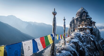 Bhutan monastery prayer flags on icy ridge, soft blue sky gradient