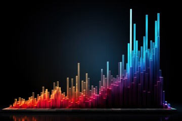 Colorful bar graph depicting business growth on black background with glowing neon lines and gradient colors for data visualization concept.