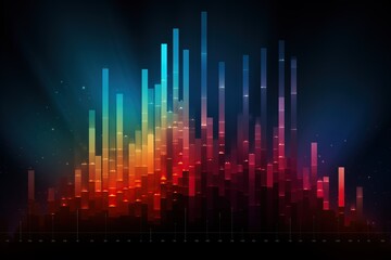 Elegant bar graph with glowing elements on dark background showing upward trend in stock market and financial health over time.