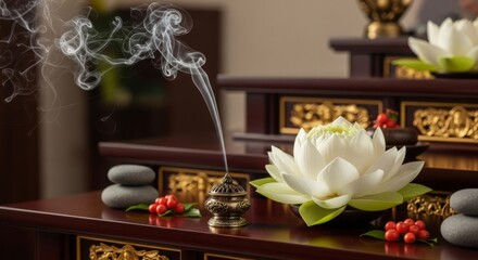 Buddhist lotus altar with winter white petals, incense smoke rising