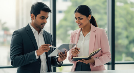 Business Colleagues Collaborating on Tablet and Notebook in Modern Office