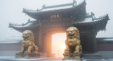 Buddhist temple gate with golden lions, winter fog