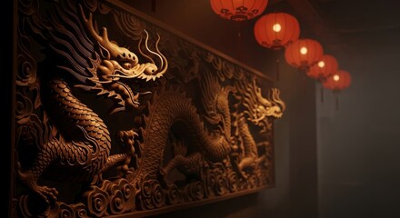 Chinese dragon carving lit by warm lantern