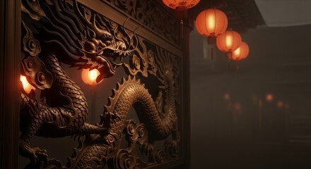 Chinese dragon carving lit by warm lantern