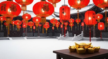 Chinese Lunar New Year red lanterns hanging over courtyard snow, gold ingots on table