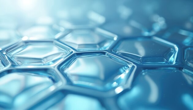 Light blue abstract background with shiny metallic hexagonal shapes. Hexagons reflective surface, geometric pattern. Blue metallic hexagons with bright reflections. Modern futuristic design with