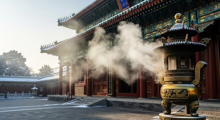 Chinese temple golden incense burner with winter smoke rising