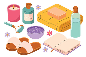 Vector illustration of cozy selfcare routine with a lit candle, fluffy slippers, face roller, soap, towel, book, and bath products