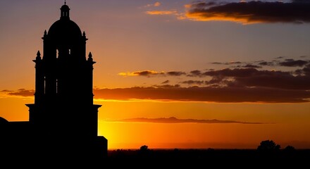 Colonial bell tower silhouette against orange sky