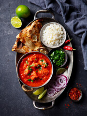 Authentic Indian feast: chicken tikka masala with rice, naan, lime and spices. Grey background. Top view.