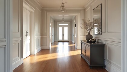 Elegant home interior hallway with hardwood floors leading to double doors. A dark console table with vase and mirror complements the classic wall paneling and natural light.