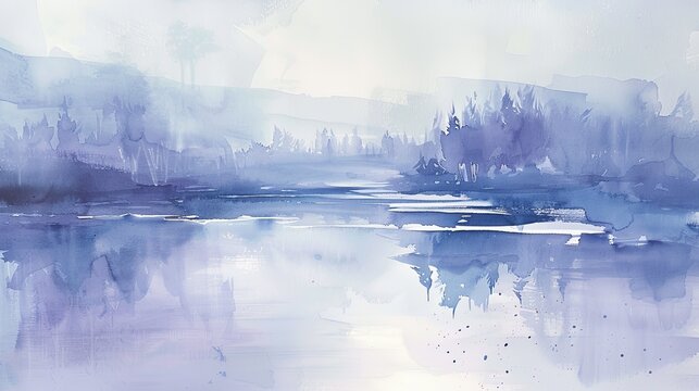 A tranquil, abstract watercolor painting of a landscape with pale lavender and sky blue tones, suggesting a calm lake or misty horizon. A dreamy and peaceful background.