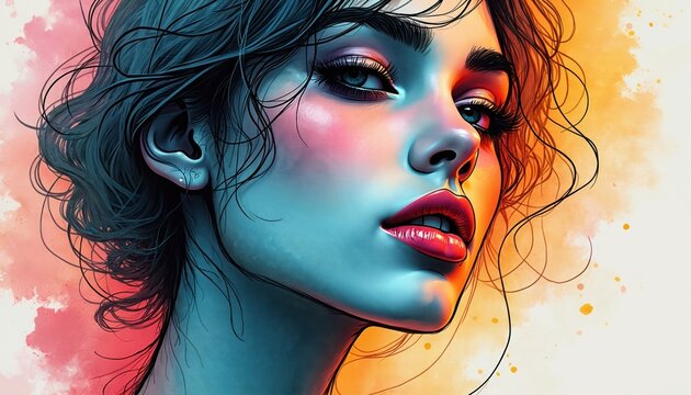 Abstract portrait of woman face with vibrant makeup, curly hair. Artistic illustration with bright color splashes, bold contour lines. Modern graphic design element for beauty or fashion concepts.