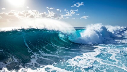 A sunlit ocean wave curls and crashes, revealing translucent turquoise water within its crest. Sunlight filters through clouds