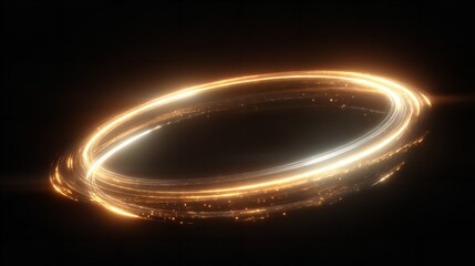 Abstract glowing golden light trails forming an elliptical ring shape on a dark background, representing energy and motion