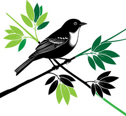 Black bird perched on a tree branch with green leaves, simple graphic
