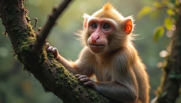 Young monkey with light fur sits on a mossy tree branch in rich green jungle. Primate looks curious, resting its paws on a thick limb. Wildlife scene with natural lighting.