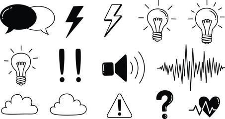 Black and white outline icons for communication, energy, and interface design