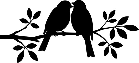 Two bird silhouettes perched on a branch with leaves, romantic greeting