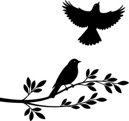 Silhouette of bird perched on branch and another in flight on white background