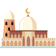 Pixel Art Mosque With Minaret And Crescent Moon Symbol In Warm Tones On A Transperent Background