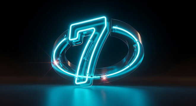 Illuminated Number Seven in Neon Blue Design for Modern Decoration on Dark Background. Effect icon number seven glowing light effect. - Powered by Adobe