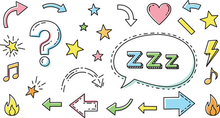 Pastel Cartoon Icon Set with Arrows, Stars, and Symbols