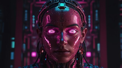 Futuristic artificial intelligence portrait with glowing eyes and vibrant neon lights, representing technology and the future of humanity.