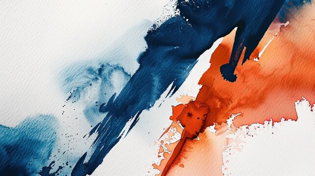 A vibrant, abstract background of rust orange and navy blue watercolor paint strokes on white paper. Modern, artistic texture for design projects and banners.