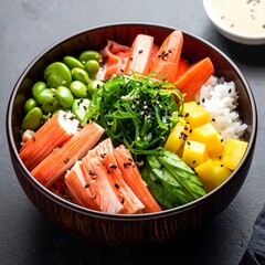 A vibrant bowl, filled with rice and various colorful toppings like crab sticks, edamame, mango, and seaweed, over dark surface