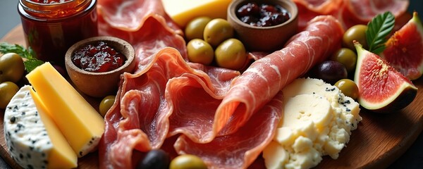 Charcuterie board filled with sliced cured meats prosciutto, artisan cheeses. Various cheeses like brie parmesan, gouda paired with green olives fig jam. Figs arranged on wooden board for food