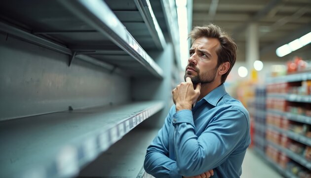 Man stands in grocery aisle looking at empty shelves. He touches his chin thoughtfully, considering his shopping options or lack thereof. The scene implies scarcity or economic hardship.