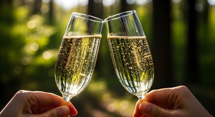 Forest Wedding Celebration: Two classic champagne flutes, held by hands, clinking gently amidst a sun-dappled, soft-focus forest background. The bubbles are clearly visible, catching the natural light