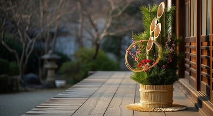 Japanese New Year kadomatsu bamboo decoration on wooden porch